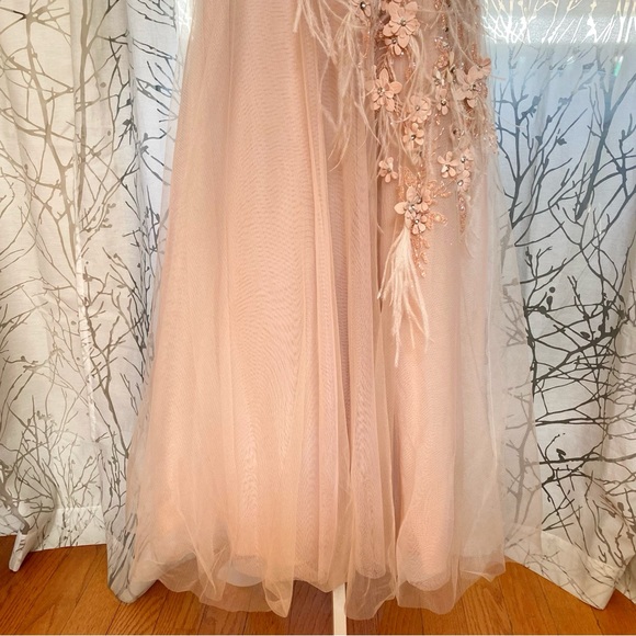 RICKIE FREEMAN TERI JON pink beading sequins feather flower tulle maxi dress - Picture 5 of 13